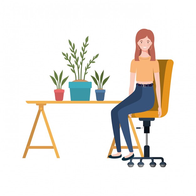 Vector woman sitting in the work office with white