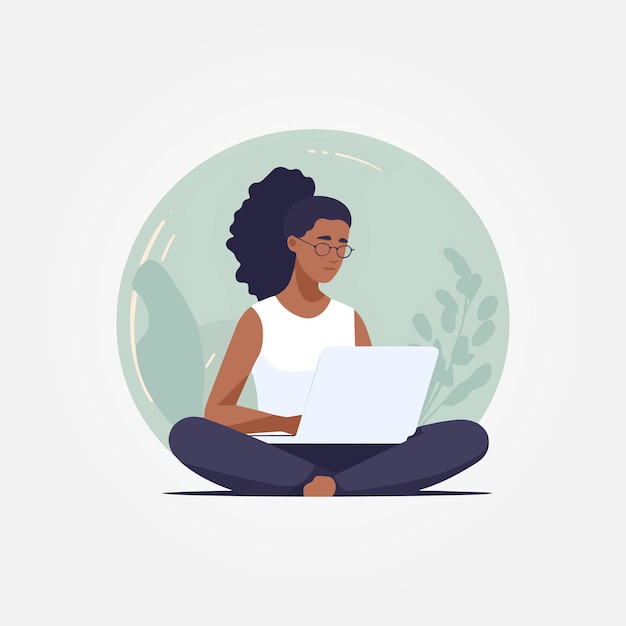 Vector woman sitting working on notebook