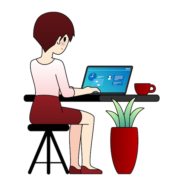 Woman sitting and working with laptop cute cartoon illustration flat design.
