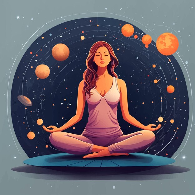 Vector woman sitting in yoga lotus pose and her connection to space vector illustration