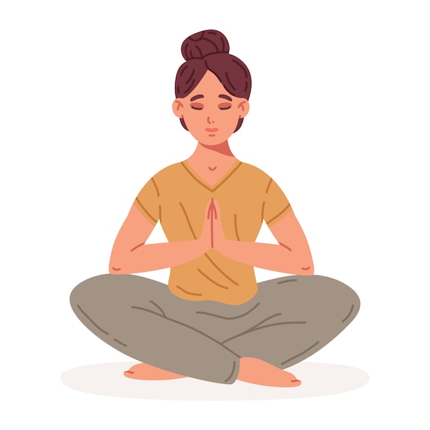 Woman sitting in yoga lotus pose Meditation female character stress relief and meditation flat vector illustration Tranquil human meditation