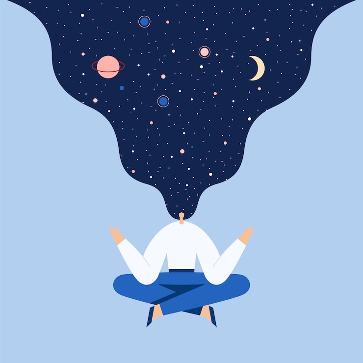 Vector 요가 연꽃 자세에 앉아있는 여자. 머리에 밤 별이 빛나는 하늘과 달. 평면 그림.