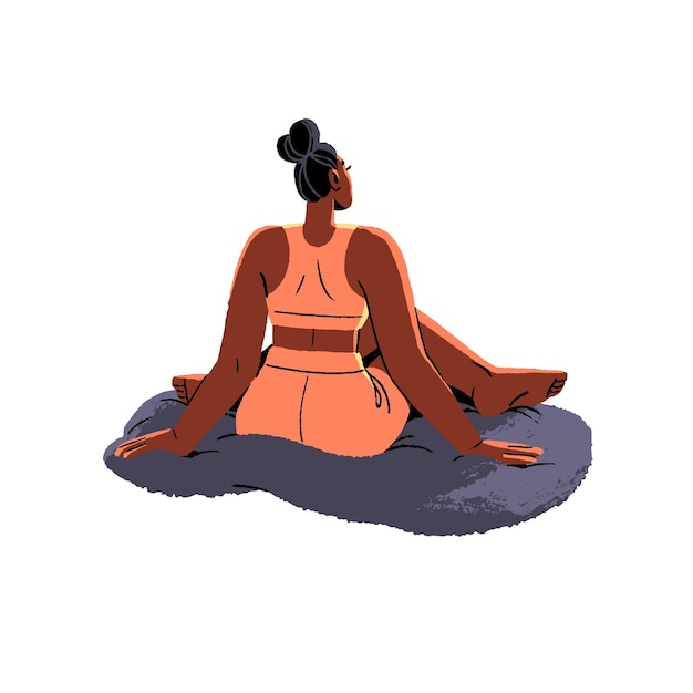 Woman sitting in yoga pose back view Girl clears her mind head Person care about wellness body Meditation in retreat spiritual practices Flat isolated vector illustration on white background