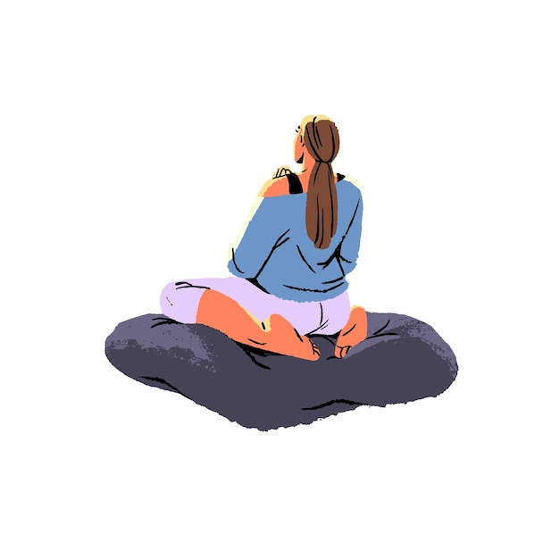 Woman sitting in yoga pose on pillow back view Vipassana meditation spiritual practice Person relax in retreat training breath care about wellness Flat isolated vector illustration on white