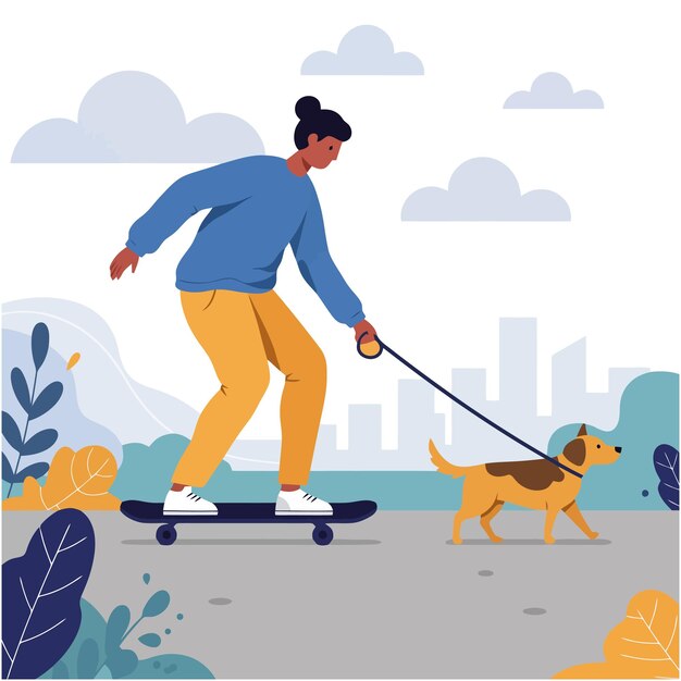woman skateboarding while walking dog in city park illustration