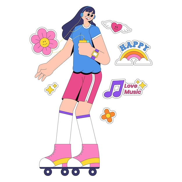 Woman skateboarding with back to 90's illustration style