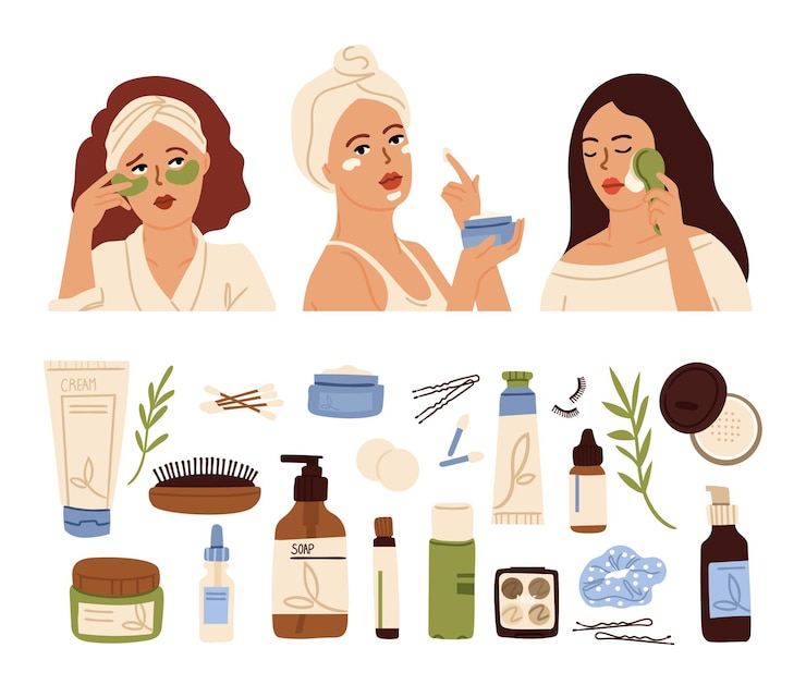 Vector woman skin care young face korean cosmetic for skincare doodle cream bottle girl moisture foam beauty routine vector bundle beauty cream for woman face beautiful makeup routine illustration