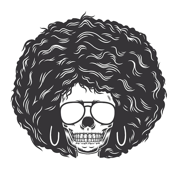 Vector woman skull face with afro hair and sunglasses vintage hairstyles vector line art illustration.