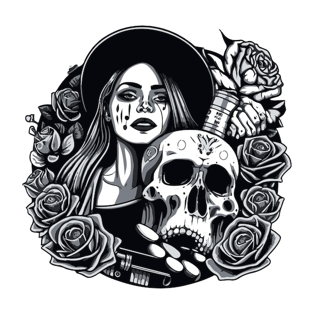 Woman and skull in floral decoration