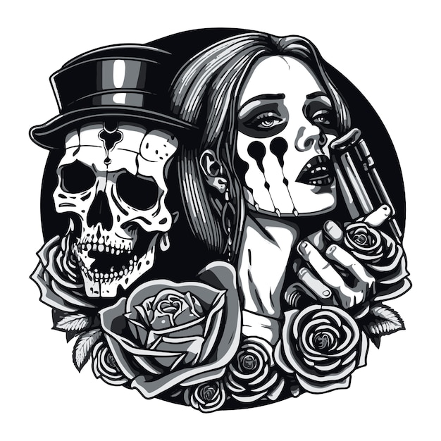 Vector woman and skull in hat