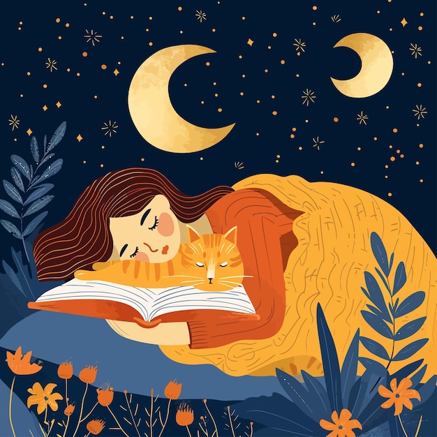 Vector woman_sleeping_at_night_with_cat