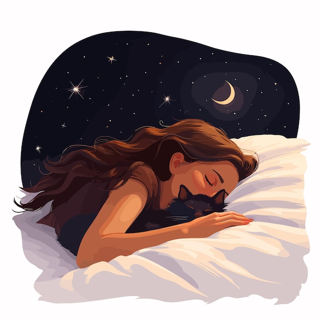 Vector woman_sleeping_at_night_with_cat