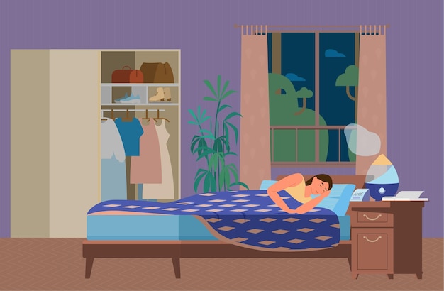 Vector woman sleeping in bedroom with humidifier working. healthy sleep. flat  illustration.