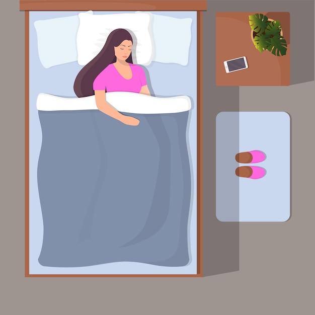 Woman sleeping in her bed top view Girl sleeps peacefully Vector illustration in flat style