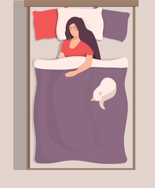 Vector woman sleeping in her bed top view girl sleeps peacefully with her cat near