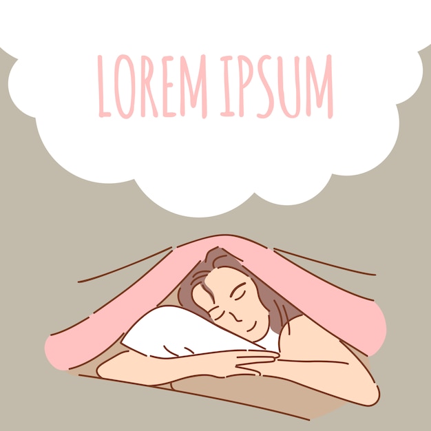 Woman sleeping. Sleeping sweet dream, peaceful, relax cartoon outline illustration.