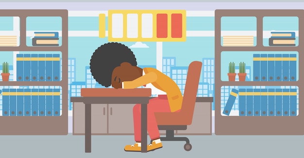 Женщина, спать на рабочем месте векторные иллюстрации.
