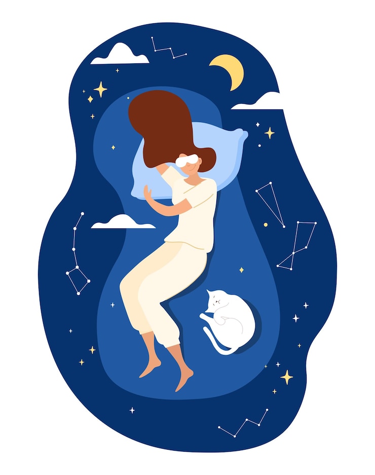 Vector woman sleeps in comfort. dreams and rest, recuperation. comfortable bed, quality furniture. night starry sky and different constellations, fantasy and imagination. cartoon flat vector illustration