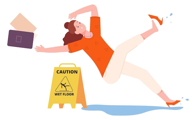 Vector woman slip on wet floor person falling down