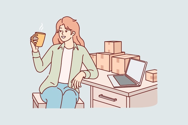 Woman small business owner drinks coffee sitting at table with boxes takes short break