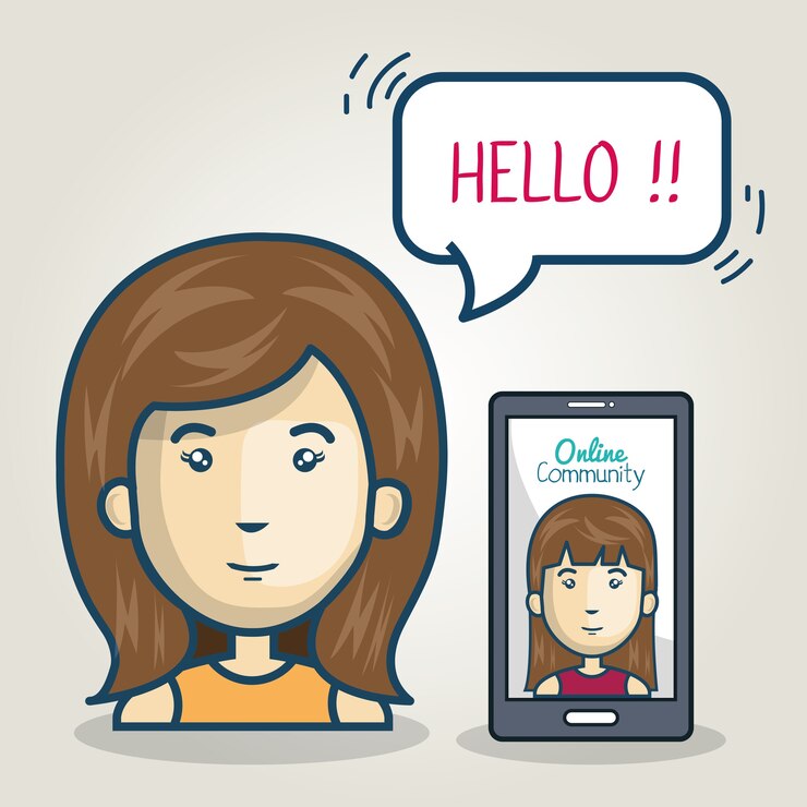 Vector woman smartphone community online bubble speech 