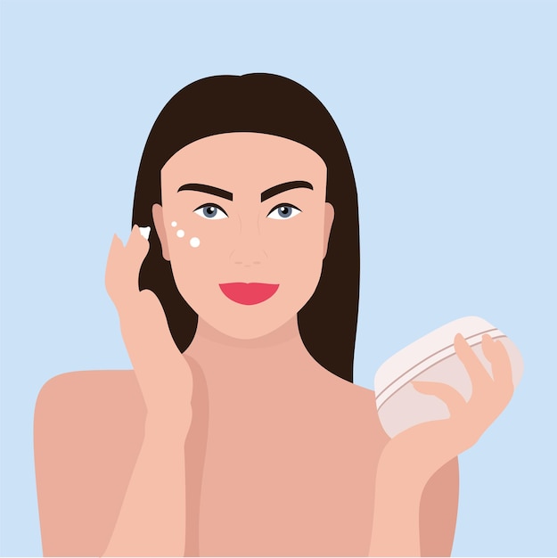 Vector woman smears face with cream, spa treatments, vector illustration