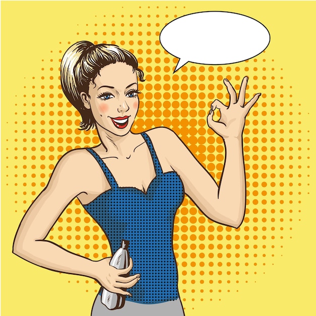 Vector woman smiles and shows ok hand sign with speech bubble vector illustration in retro comic pop art style fitness girl in good shape with bottle of water