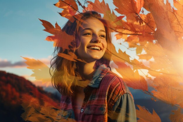 A woman smiles while surrounded by autumn leaves