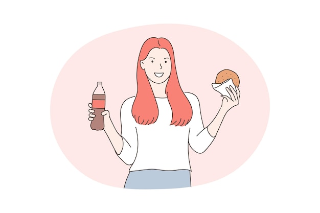 Woman smiling while holding burger and drink