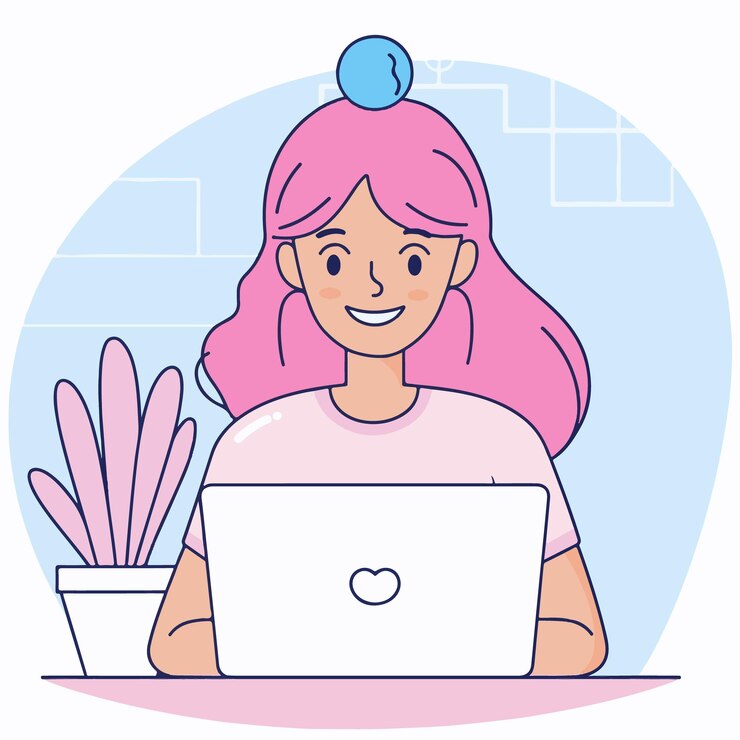 Vector a woman smiling while sitting at her laptop flat illustration style white background