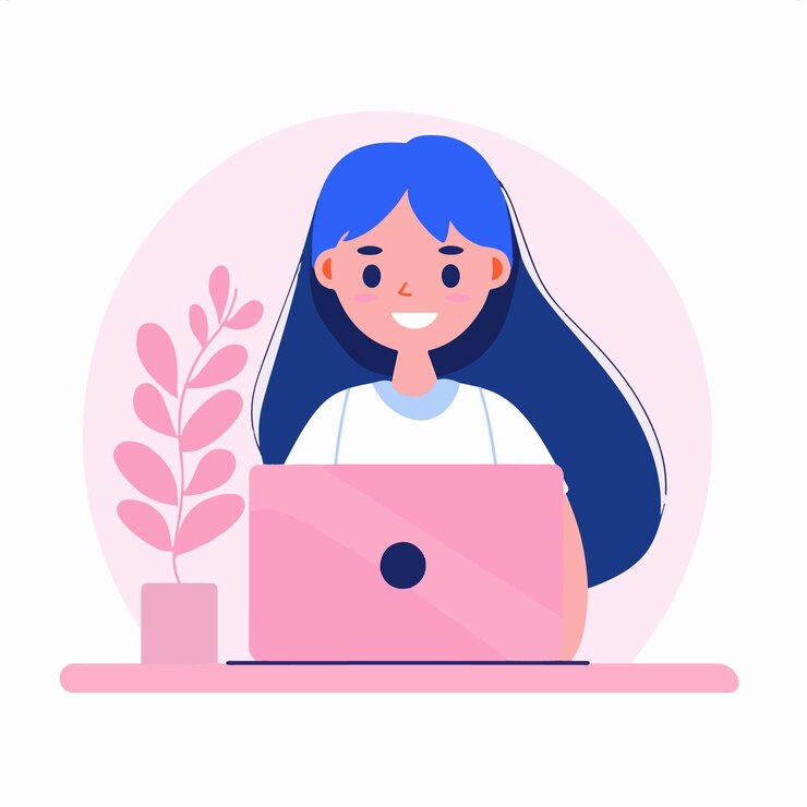Vector a woman smiling while sitting at her laptop flat illustration style white background