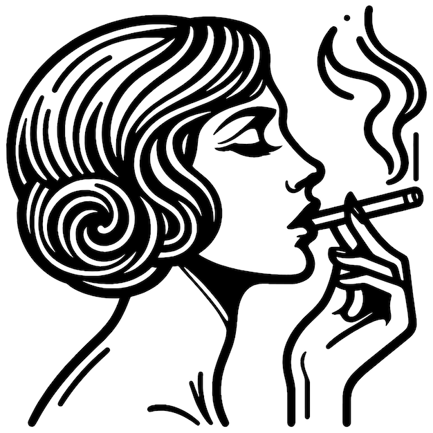 Woman smokes a cigarette hand drawing vintage style sketch board imitation vector generative ai