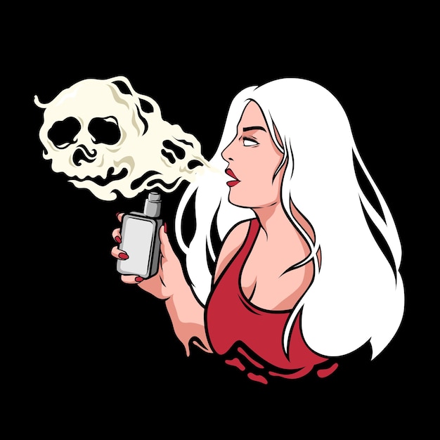 Vector woman smoking vape with skull smoke