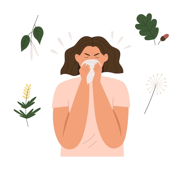 Vector woman sneezes from plant allergy