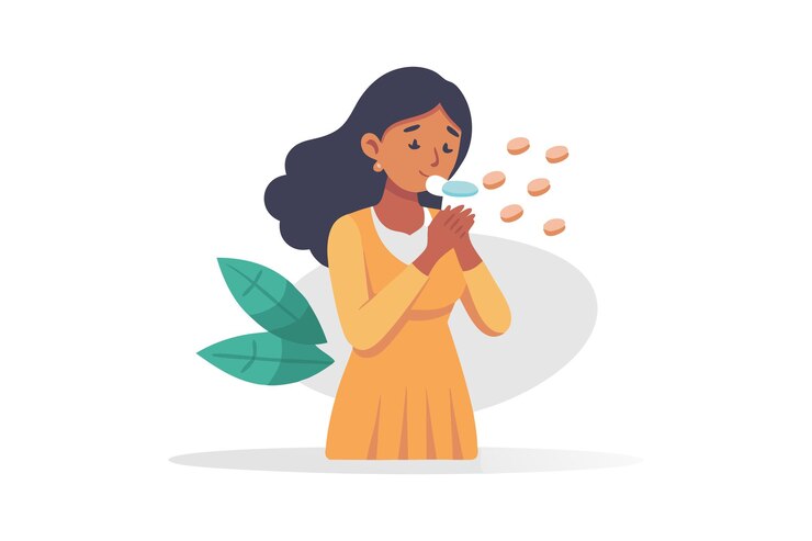 वेक्टर woman sneezing due to allergies with floating pills