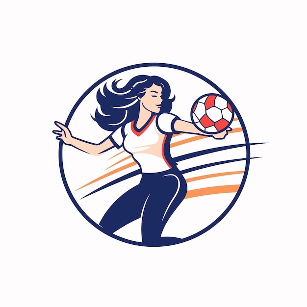 Woman soccer player with ball in hand Vector illustration in retro style