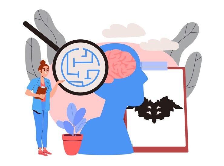 Vector woman solving psychological problems psychiatrist with magnifying glass studying silhouette of head