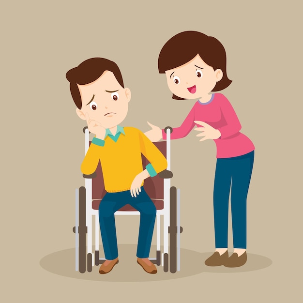 Женщина успокаивает скорбящего мужчину, сидящего на инвалидной коляске, ухаживает за больным в инвалидной коляске