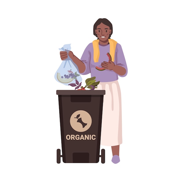 Женщина сортирует органический мусор, выбрасывая его в мусорное ведро