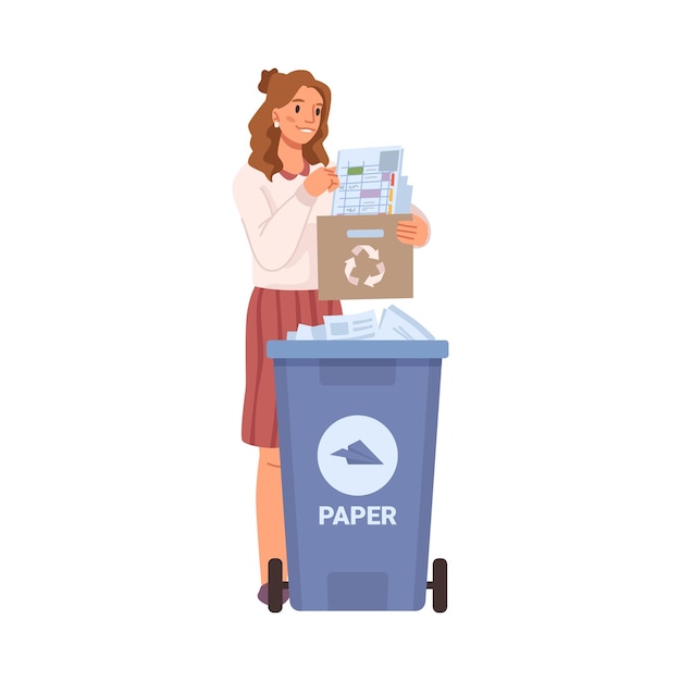 Женщина сортирует бумажный мусорный бак