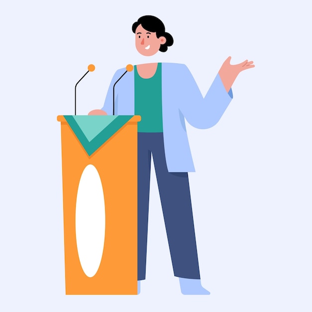 Vector woman speaker standing behind podium microphones