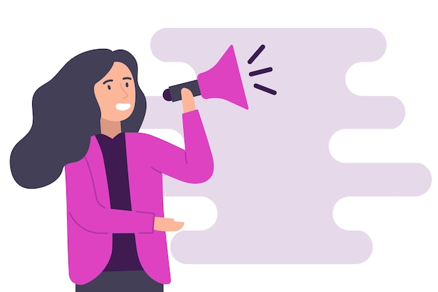 Vector woman speaking on megaphone flat style