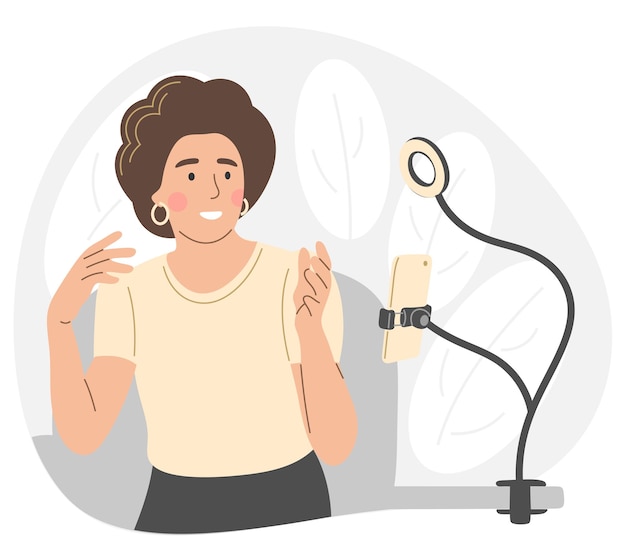 Vector a woman speaks in front of a phone on a holder with a ring lamp