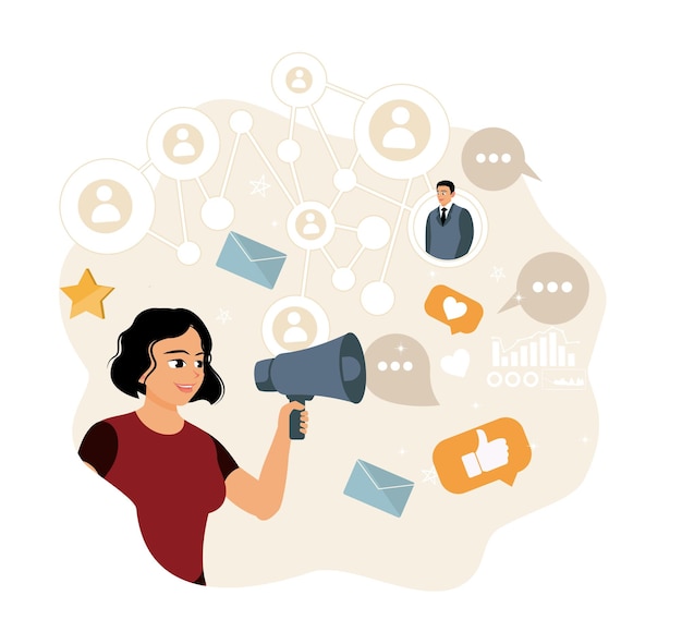 A woman speaks using a megaphone to attract customers