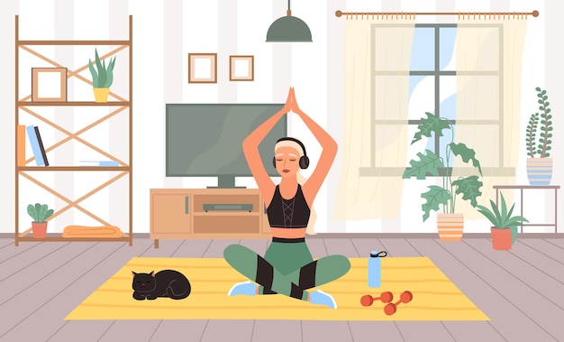 Vector woman sports in room meditation in lotus position slim female doing physical exercises in house gym interior home fitness workout with sport equipment yoga lifestyle vector cartoon flat concept
