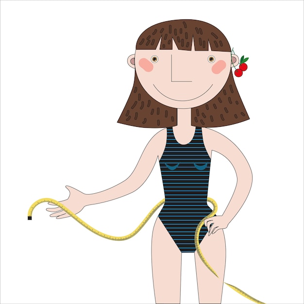 woman in a sports swimsuit with a measuring tape in her hands