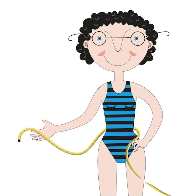 woman in a sports swimsuit with a measuring tape in her hands