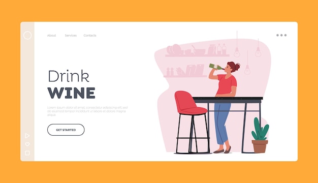 Woman stand at kitchen desk drinking wine from bottle landing page template female character celebrate at home