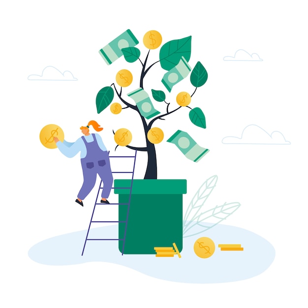 Vector woman stand on ladder to money tree