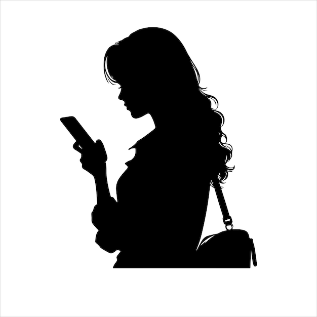 A woman stand with cell phone silhouette vector